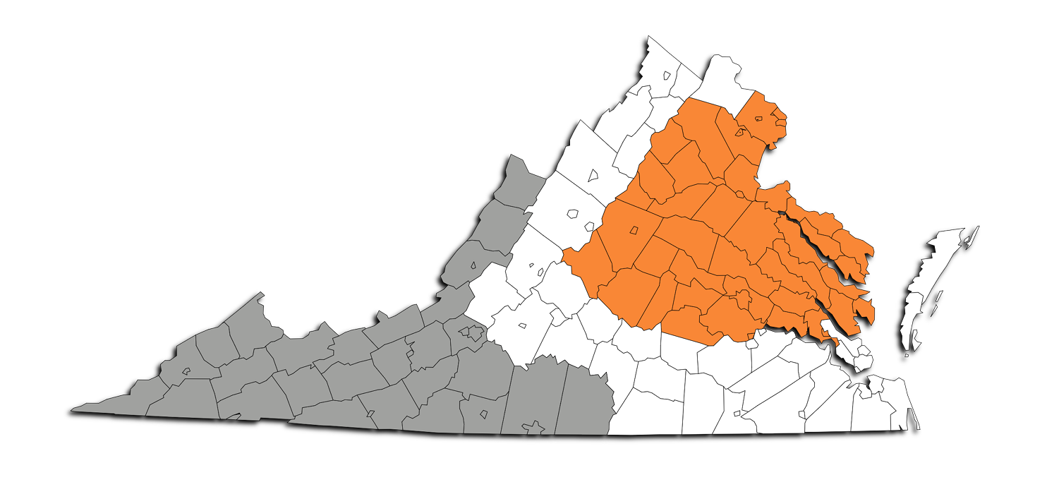 A map of Virginia with designated areas in orange, white, and grey shows where we build ICF homes.