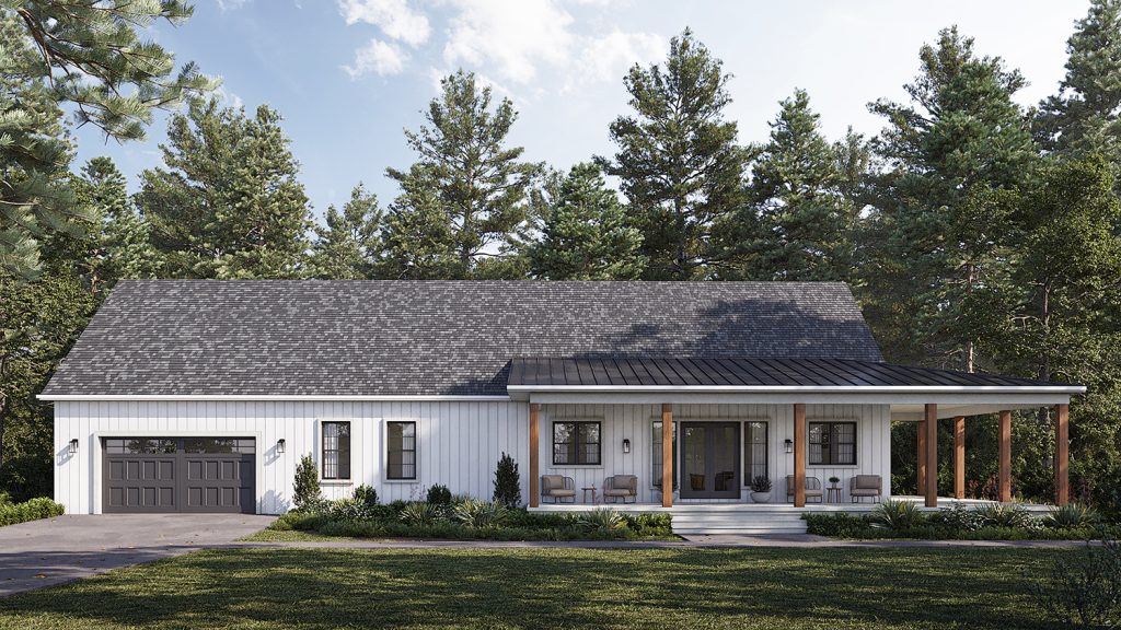A main level home with a wrap around porch in the barndominium style