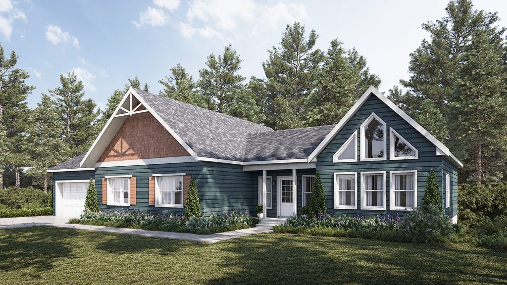 A rendering of The Rappahannock plan from ICF Homes of Virginia's River Series of semi-custom homes. A main level home with garage.