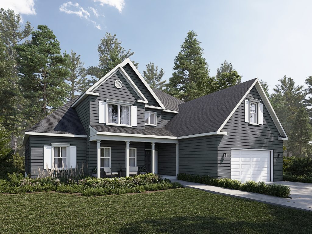 ICF Homes of Virginia's Potomac plan in dark gray. This is a two story home with a porch and a garage