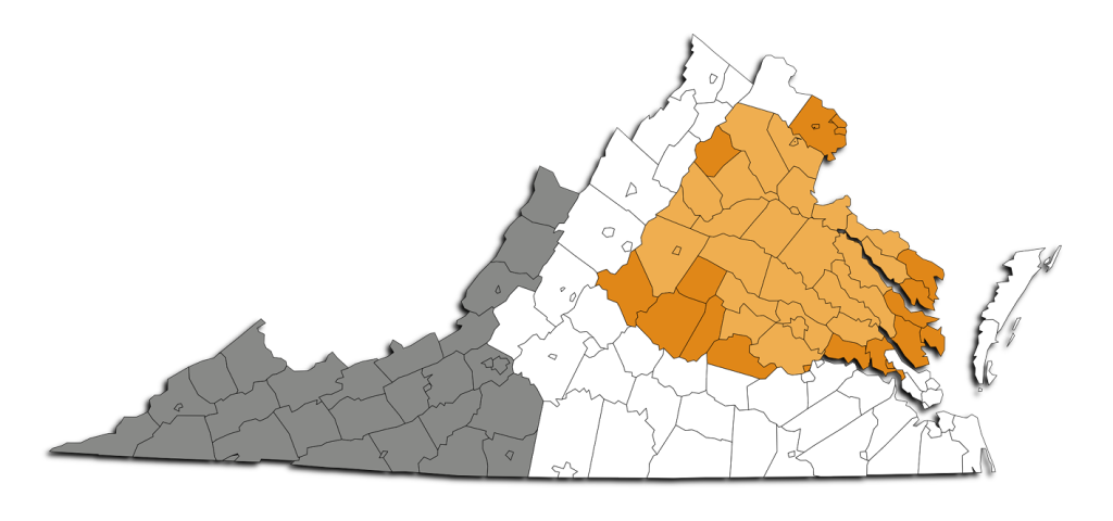 Area of Coverage Map for the state of Virginia, where ICF Homes of Virginia Builds